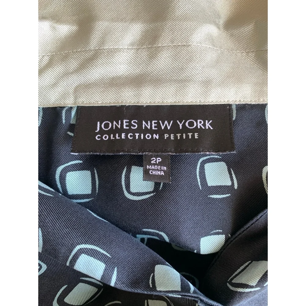 Women Shirt JONES NEWYORK Black Blue Geometric Print Silk Blouse Long Sleeve Top - Picture 6 of 7